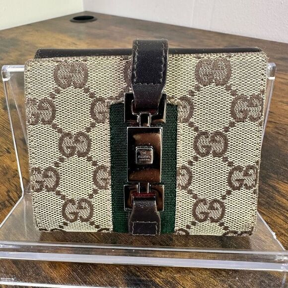 Gucci GG Jackie Canvas Wallet Red Green Web Stripe Compact - Picture 1 of 16